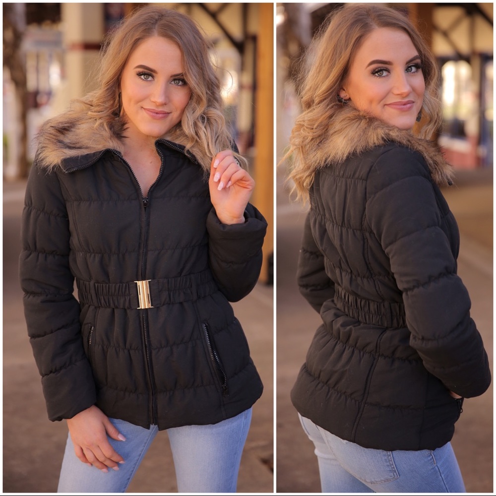 Black Faux Fur Collared Belted Jacket - Picture 2 of 3